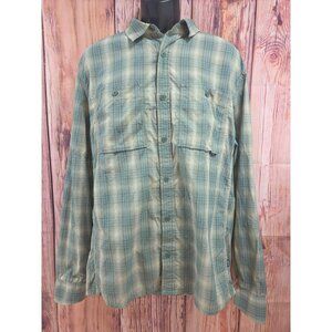 REI Co-Op Mens Large Tall Plaid Button-Up Shirt Green/Beige 100% Nylon Body